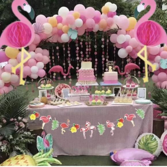 Tropical Pink Flamingo Party Honeycomb Decoration,Swirl Decorations,Hanging Pin - Picture 2 of 12